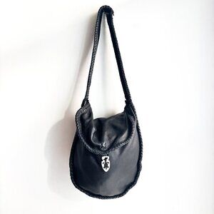 Vintage Black Leather Whipstitch Detail Slouchy Hobo Bag